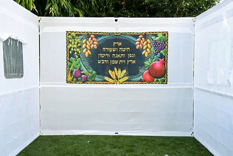 דופן מבד לסוכה המעוטרת בהדפס חגיגי וצבעוני של שבעת המינים והפסוק 