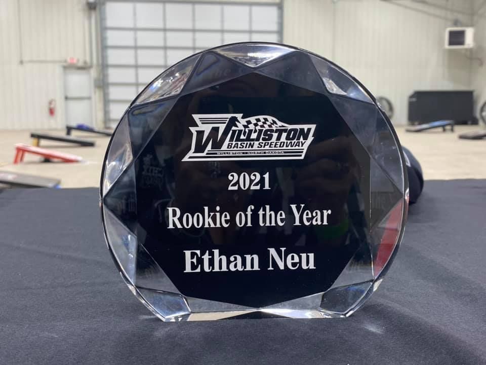 2021 Rookie of the Year Ethan Neu trophy in faceted black crystal with Winston logo