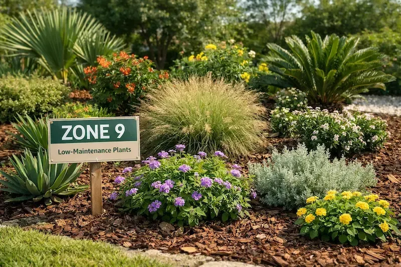 Zone 9 low‑maintenance garden bed in Lafayette, Louisiana featuring drought‑tolerant plants.