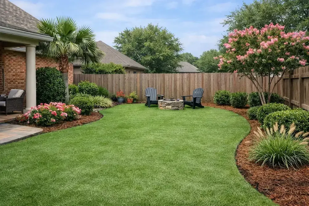 Backyard patio with green lawn, flower beds, wooden fence, and outdoor seating under pink crepe myrtle trees