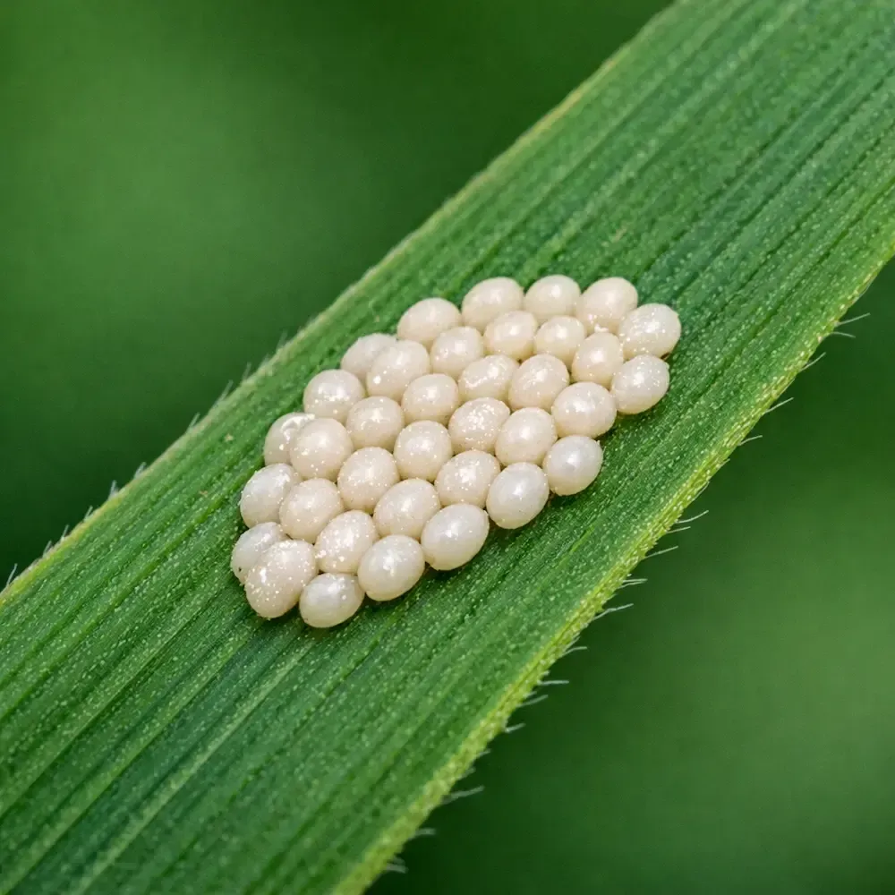 Close‑up of off‑white armyworm and sod webworm egg clusters attached to a green blade of grass.
