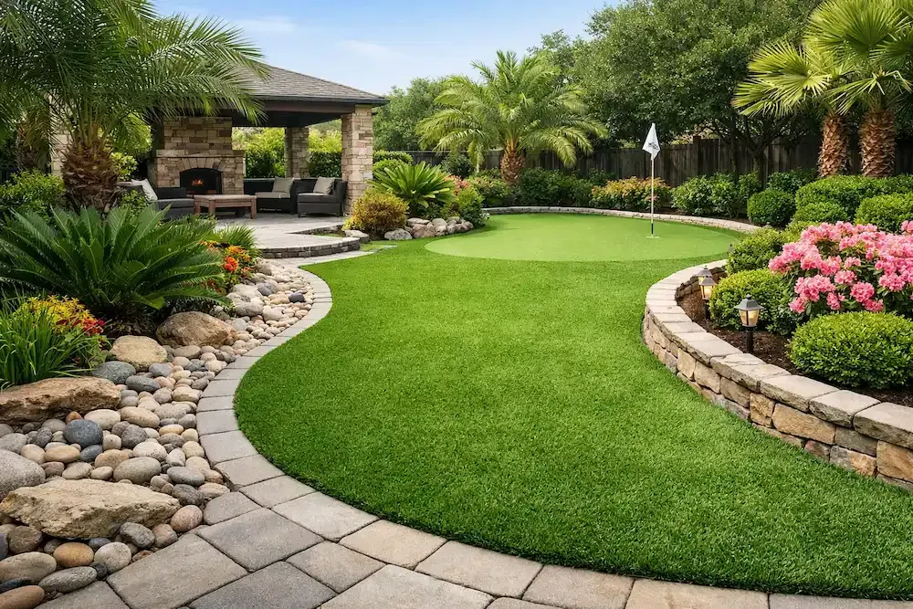 Landscaped backyard with curved stone paths, lush green lawn, palms, and pink flowering shrubs