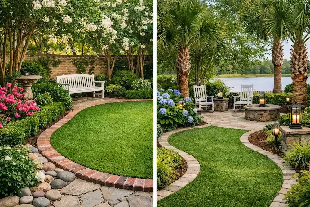 Lush garden patio with curved artificial grass, stone path, white bench. Beau Monde -Artificial Grass Install-Lafayette LA