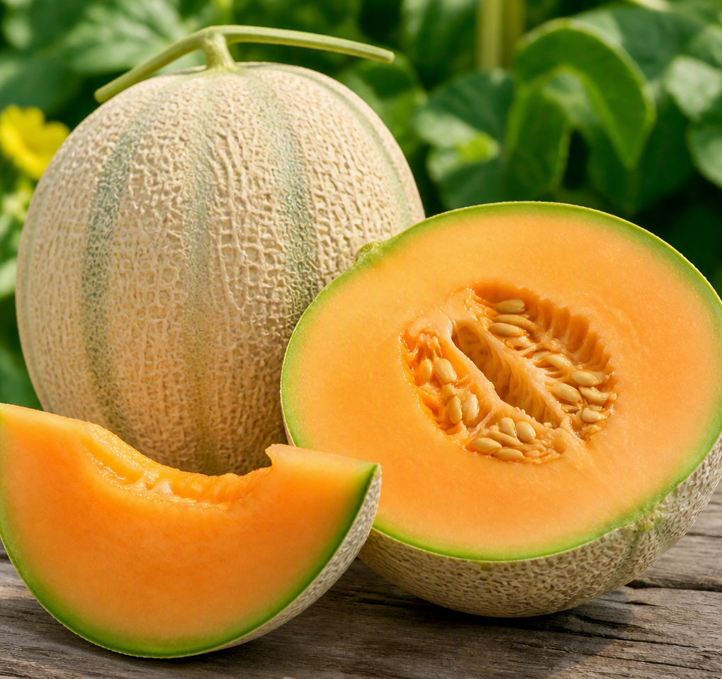 Freshly harvested Athena cantaloupe sliced open on a wooden table with green vines in the background, showcasing ripe orange flesh — peak summer produce in South Louisiana.