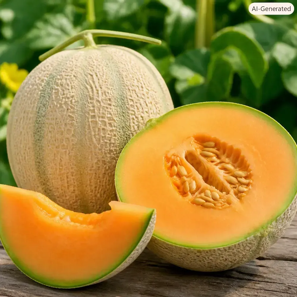 Athena cantaloupe sliced open to show bright orange flesh, displayed on a clean summer background du