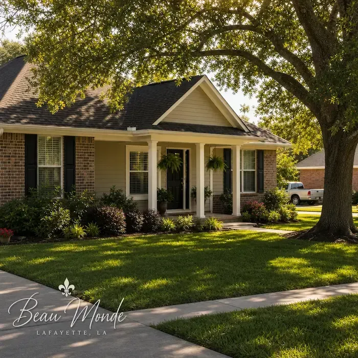 Brick house with a white porch under a large tree, with sunlit green lawn in front