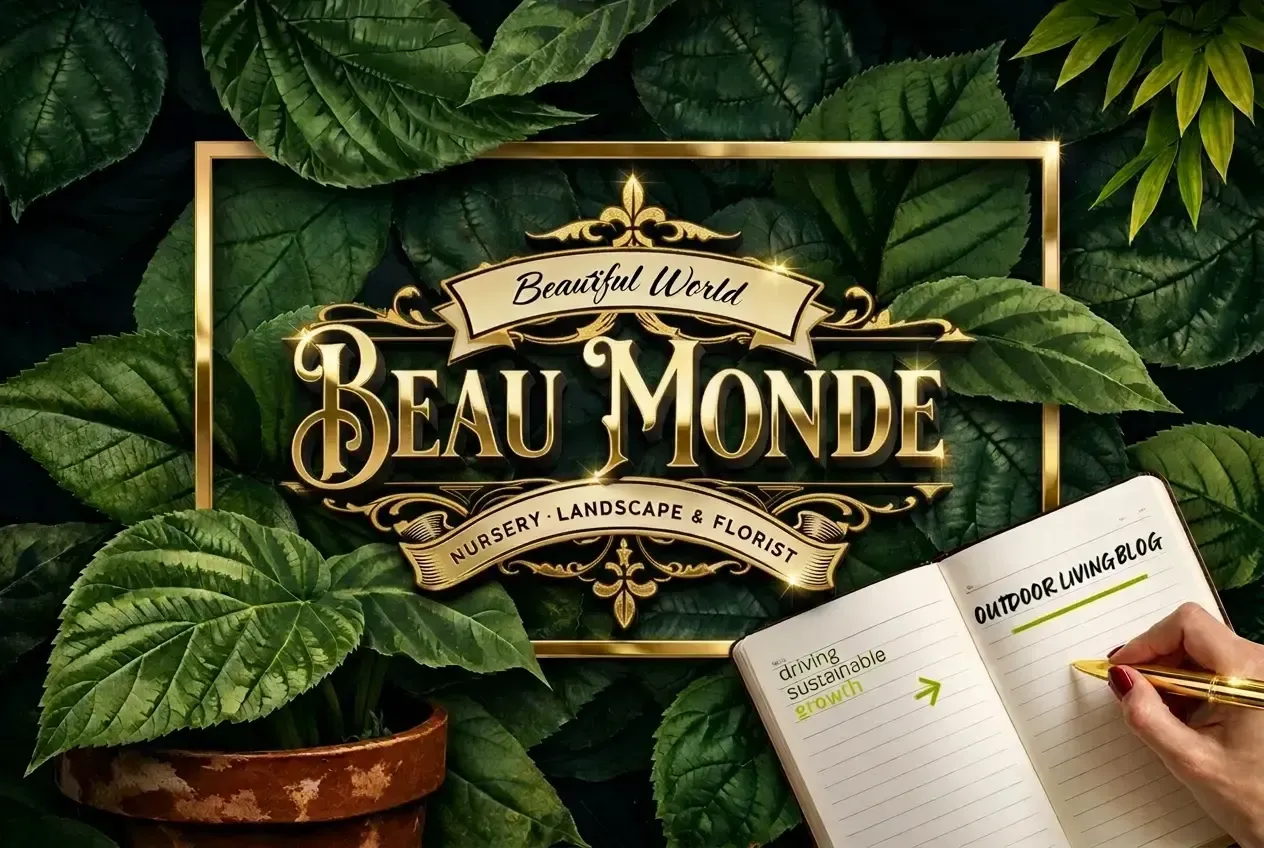 Beau Monde blog hero label, green leaves, and an open notebook with a handwriting.