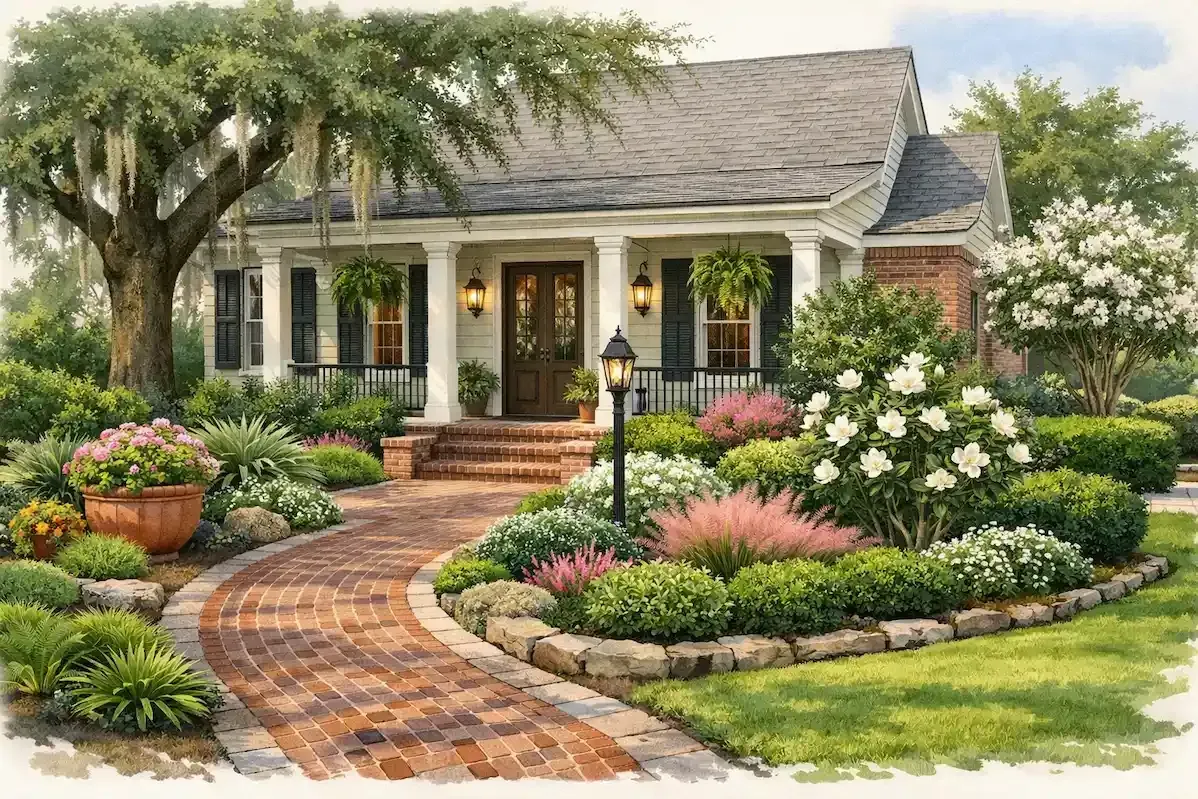 Backyard patio with green lawn, flower beds, wooden fence, and outdoor seating under pink crepe myrtle trees