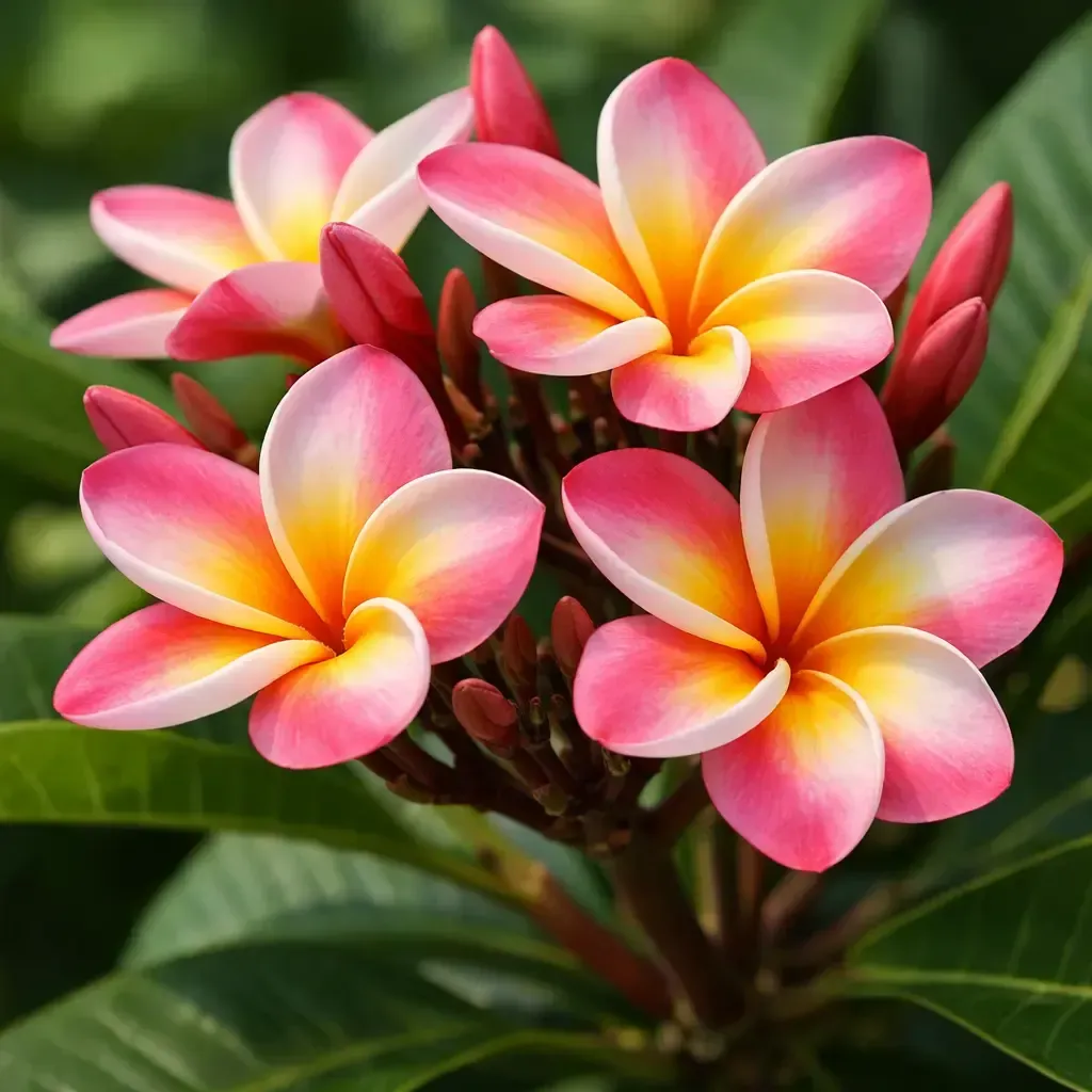 Pink and yellow plumeria flowers blooming against green leaves