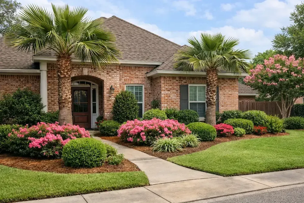 Brick house with palm trees, pink azaleas, and a manicured front lawn in Lafayette, LA