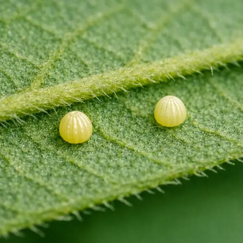 Close‑up of two pale yellow butterfly eggs with ribbed texture on the underside of a green leaf.