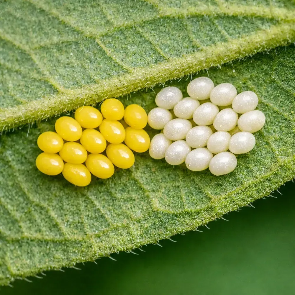 Close‑up of pale yellow and off‑white caterpillar and moth egg clusters attached to the underside of a green leaf.