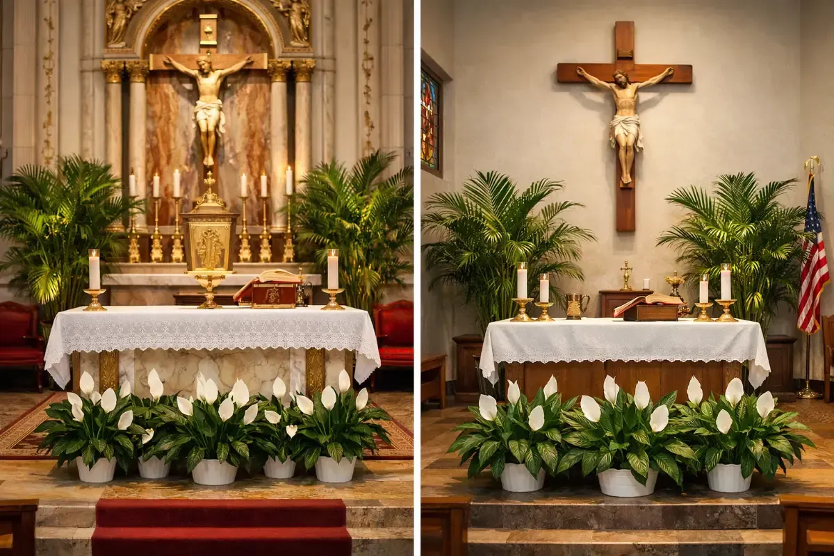 Church altar with crucifix, white cloth, candles, and green floral arrangements