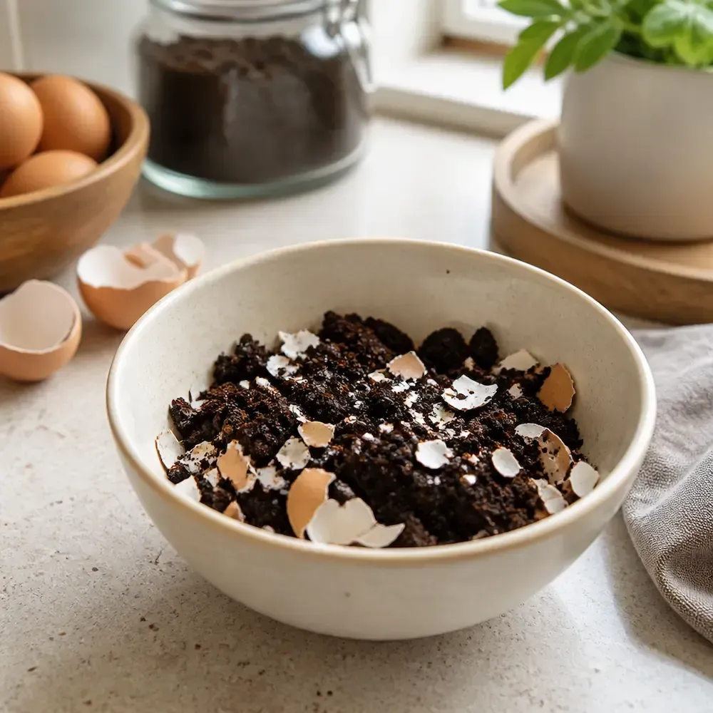 Bowl of used coffee grounds and crushed eggshells on a kitchen counter beside a potted plant.