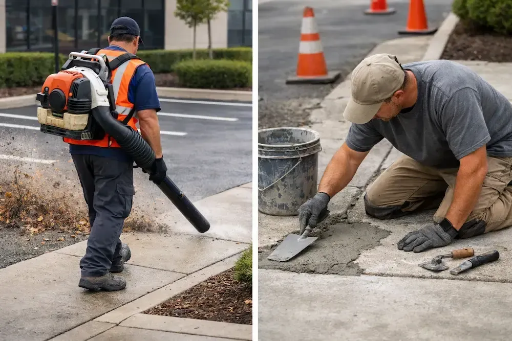 Commercial parking lot cleanup and concrete patch repair in Lafayette, LA.