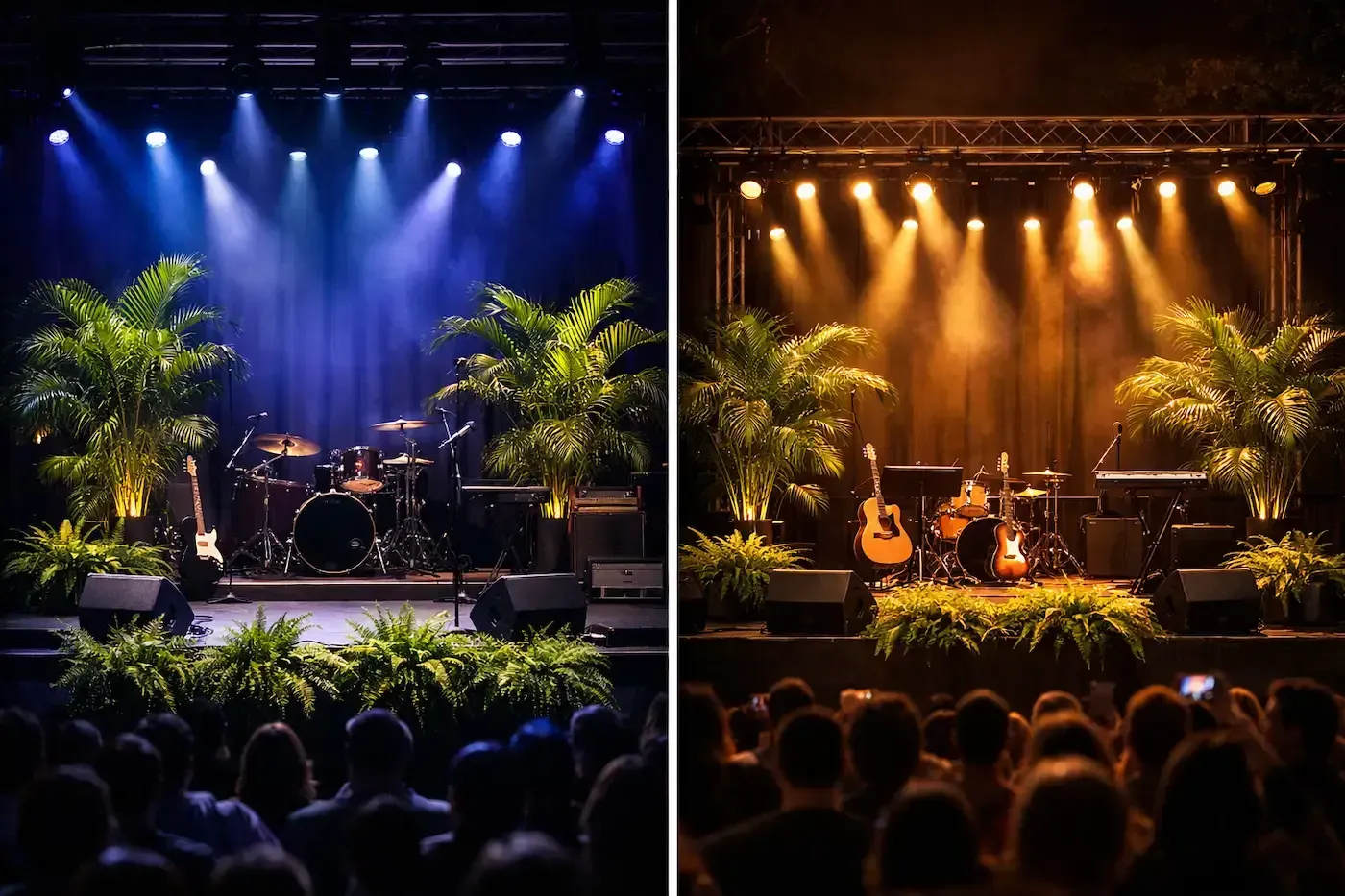 Split-stage concert with blue and amber lights, drum kit and guitars, palm plants, and a crowd silhouetted below