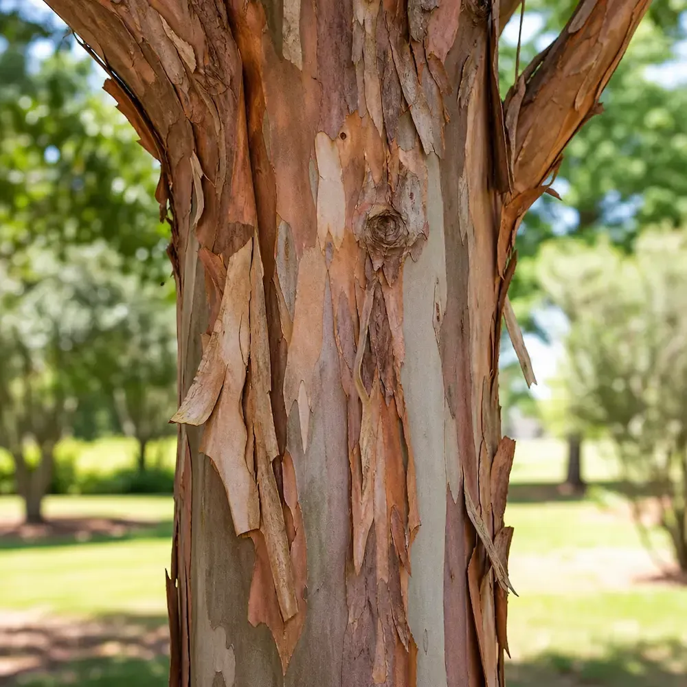 Close-up of a tree trunk with peeling brown bark in a sunny park