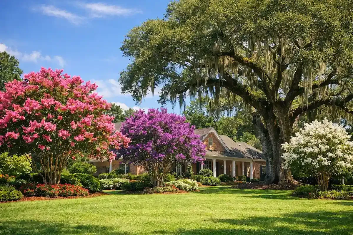 Blooming pink, purple, and white trees around a house