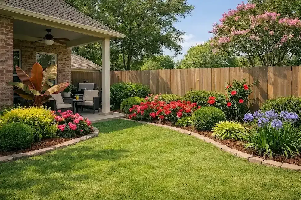 Backyard garden with green lawn, colorful flowers, wooden fence, and a covered patio beside a brick house