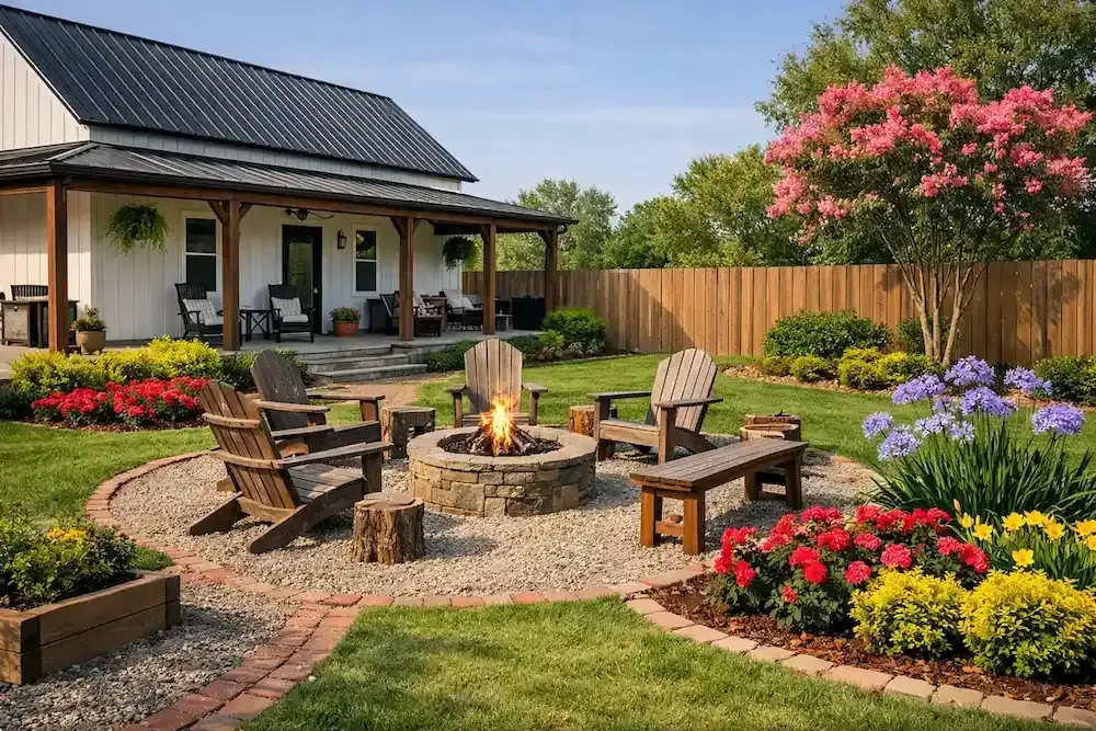 Lafayette, LA Farmhouse with fire pit, wooden chairs, and colorful flower beds beside a house.