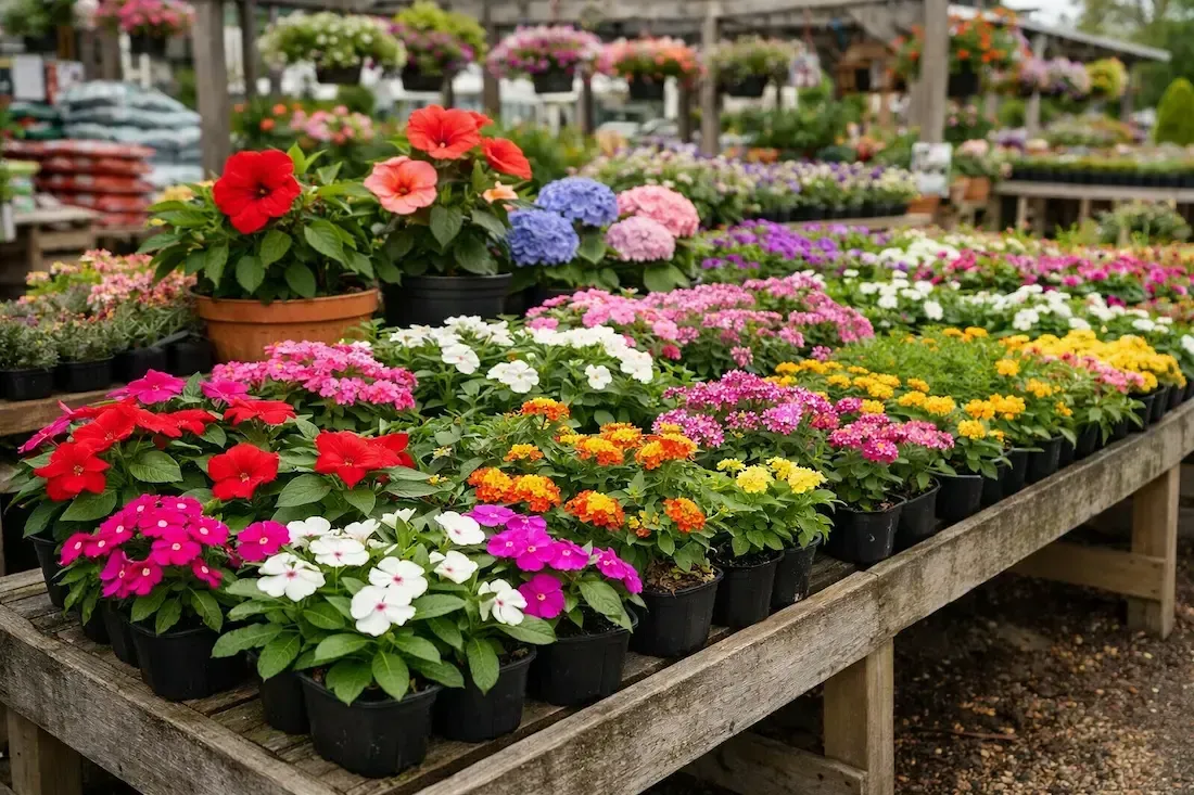 Display table of mixed annuals and perennials at Beau Monde garden center, Lafayette area.