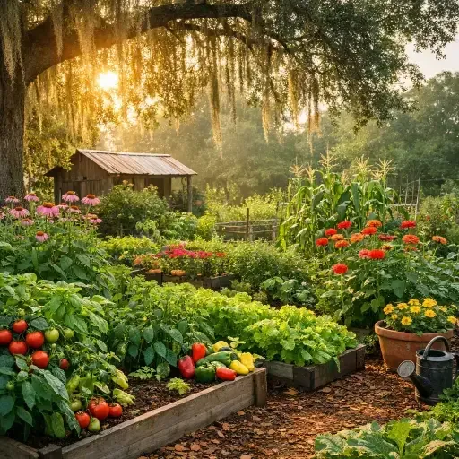 Lush vegetable garden at sunrise with red tomatoes, green plants, flowers, and a small shed