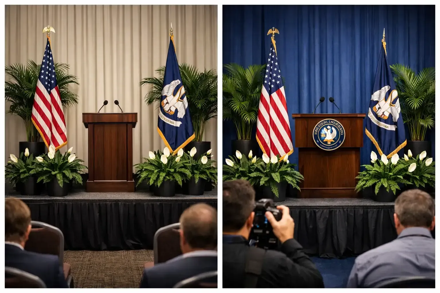Podium on stage with U.S. and Louisiana flags, audience seated and cameras recording on the right