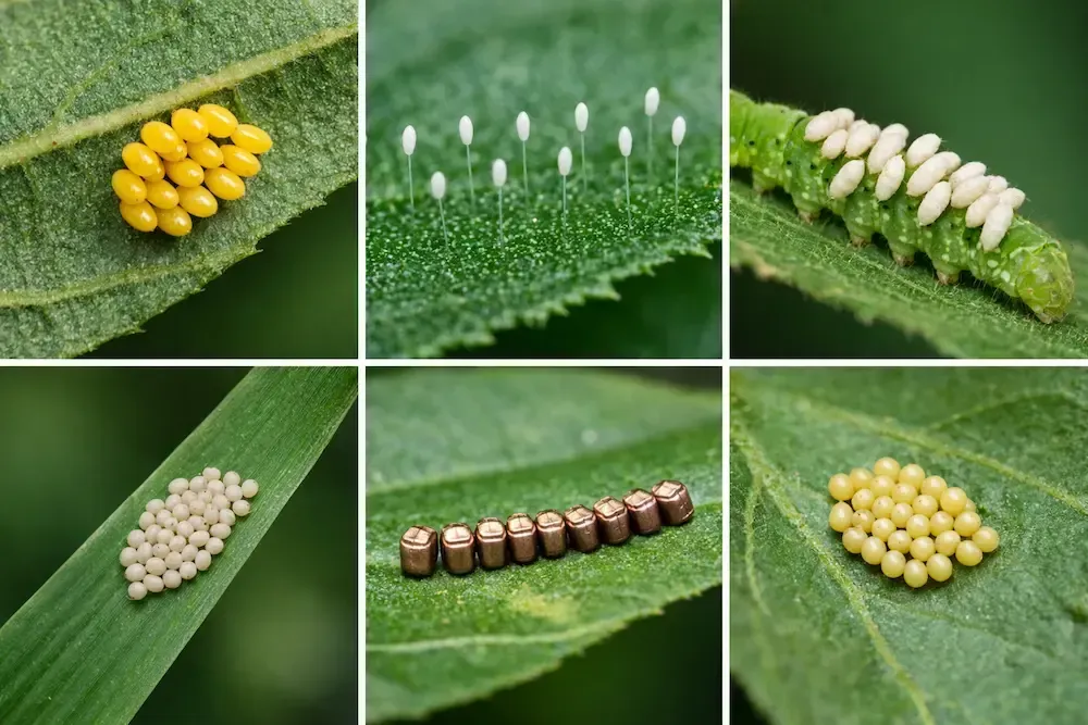 Collage of good and bad insect eggs on leaves showing the difference between beneficial and harmful garden pests.