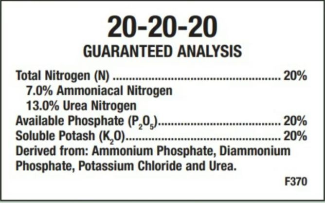 Guaranteed analysis label for 20-20-20 fertilizer, detailing percentages of nitrogen, phosphate, and potash.