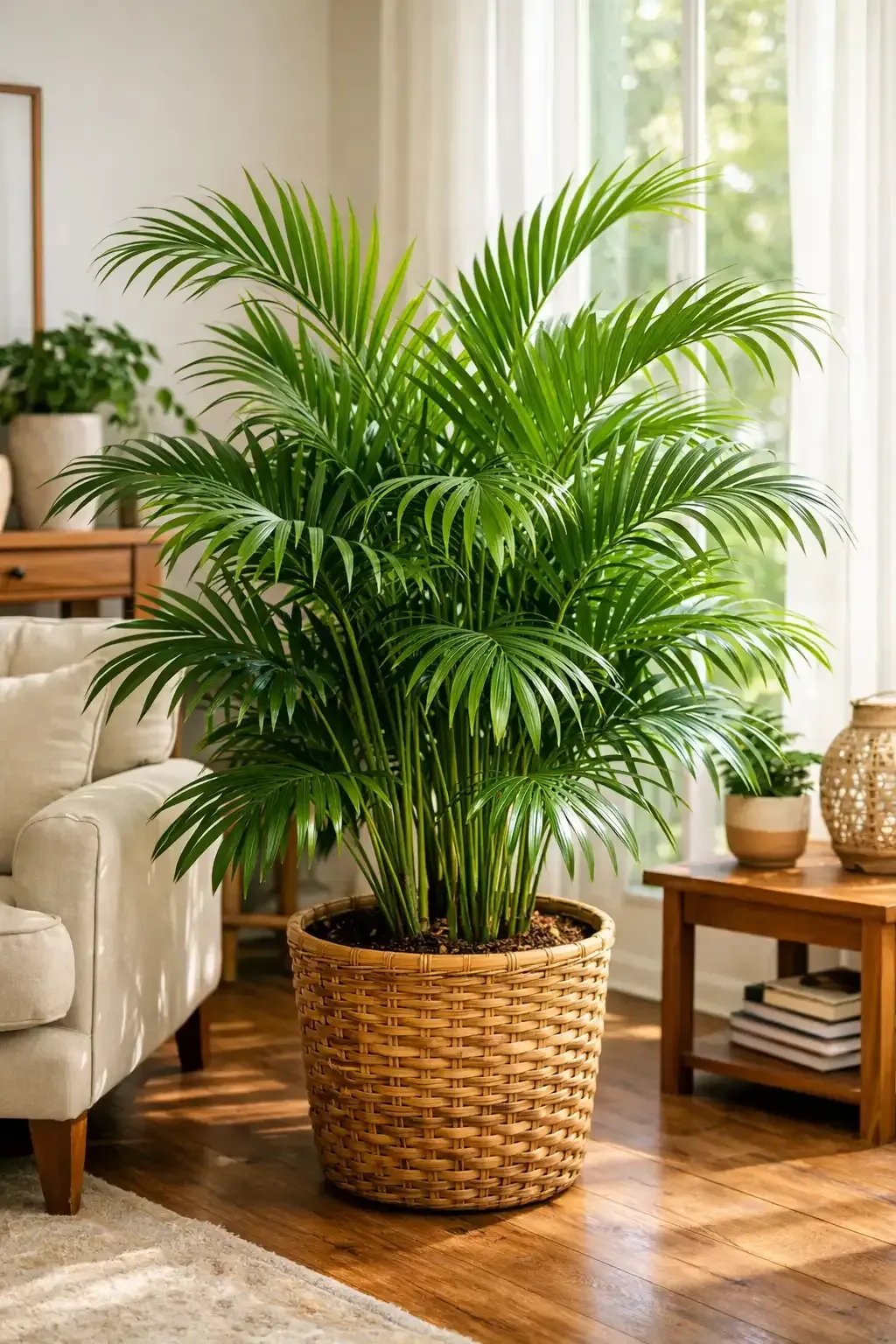 Large green potted palm in a wicker basket beside a beige sofa in a bright living room.