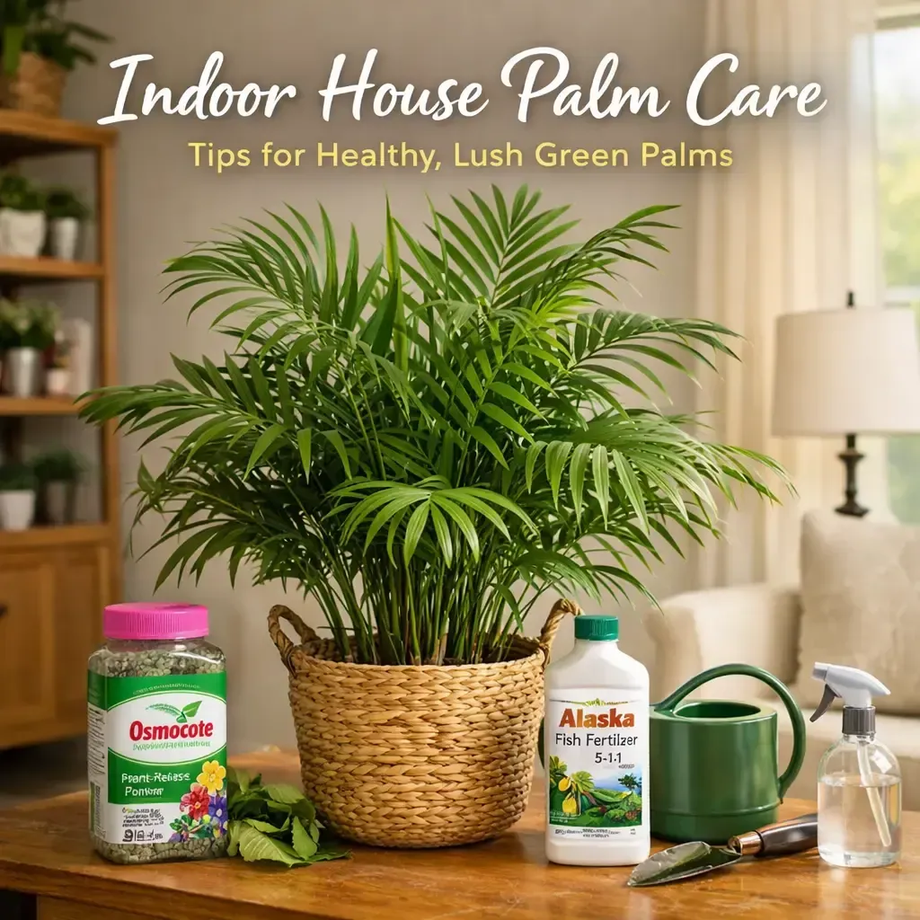 Indoor house palm care display with a lush green palm in a woven pot, plant food, watering can, and spray bottle.