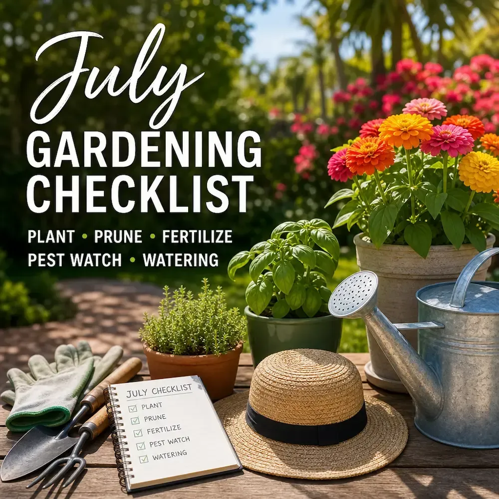 July gardening checklist poster with flowers, watering can, gloves, seeds, and a straw hat in a sunny garden.