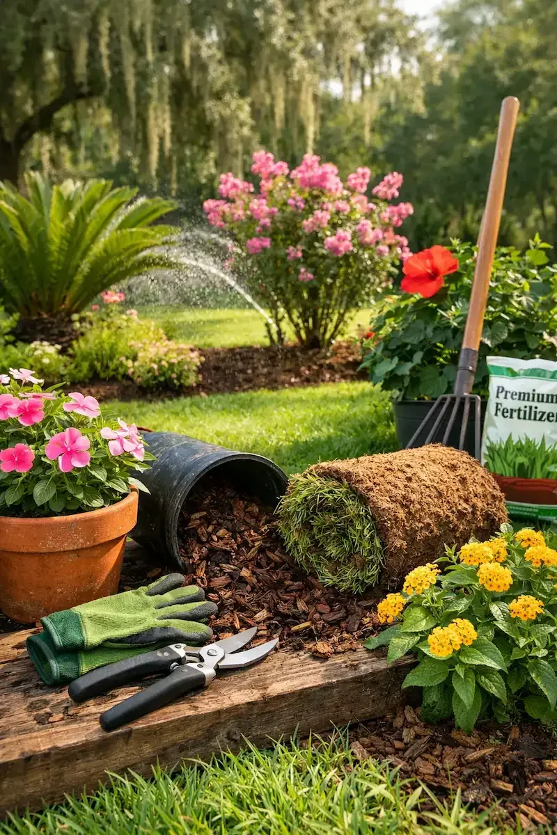 June landscaping in Lafayette, LA featuring palms, crape myrtle, hibiscus, and fresh sod with mulch and garden tools.