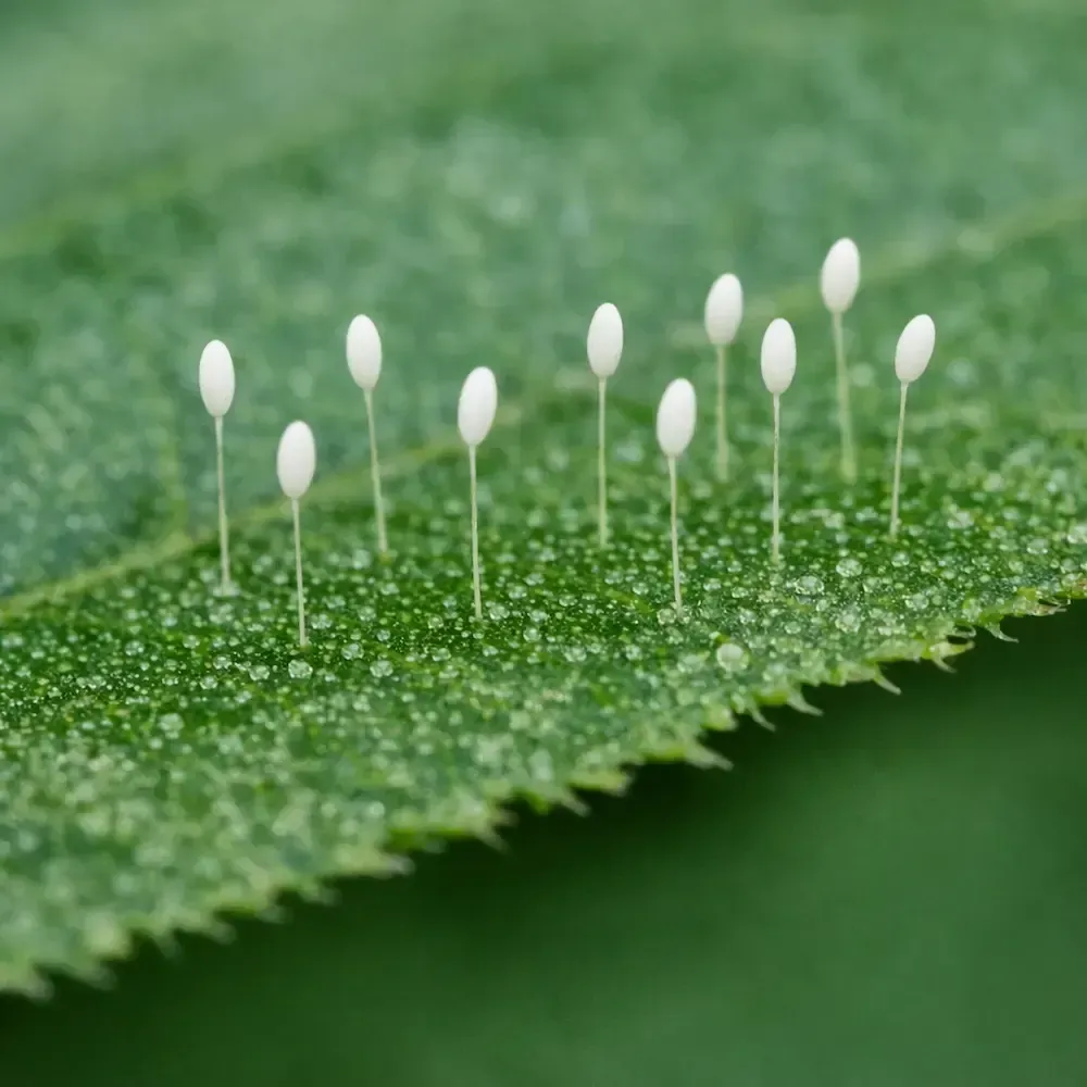 Close‑up of white lacewing eggs on thin stalks attached to a green leaf.