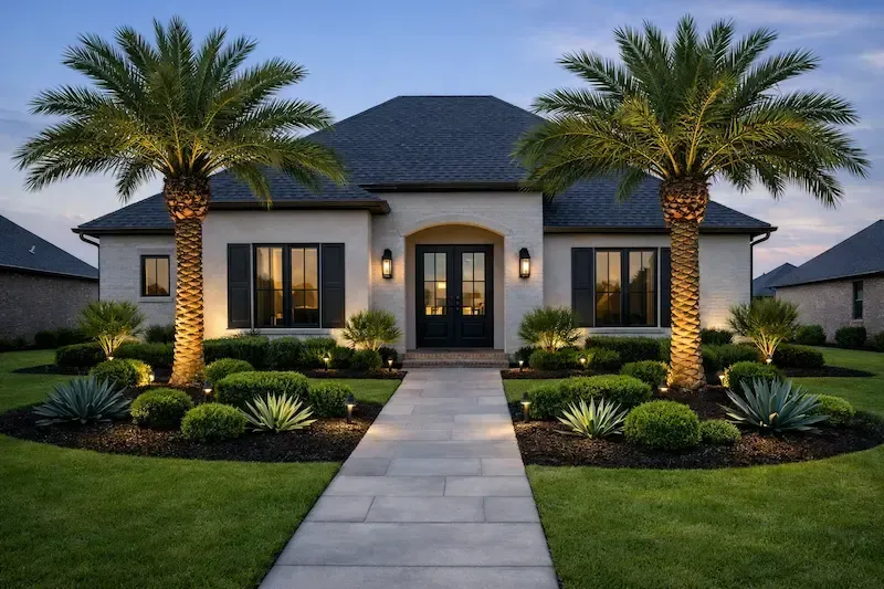 Modern house with a central walkway, lit palm trees, and manicured landscaping at dusk