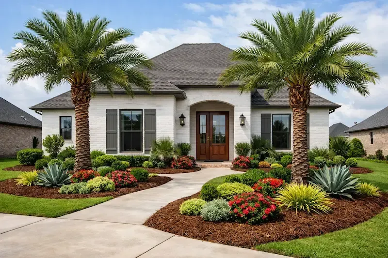 Modern white house with palm trees, curved walkway, and colorful landscaped front yard.