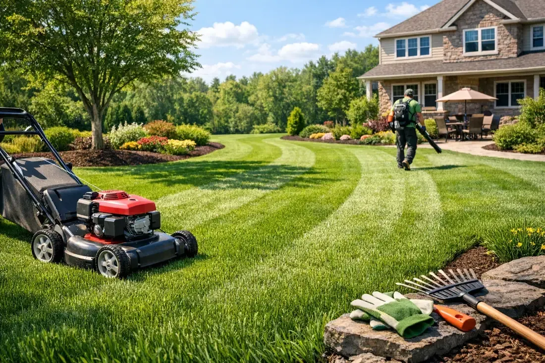 Residential lawn care in Lafayette LA with freshly mowed striped grass, flowerbeds, and landscape tools.