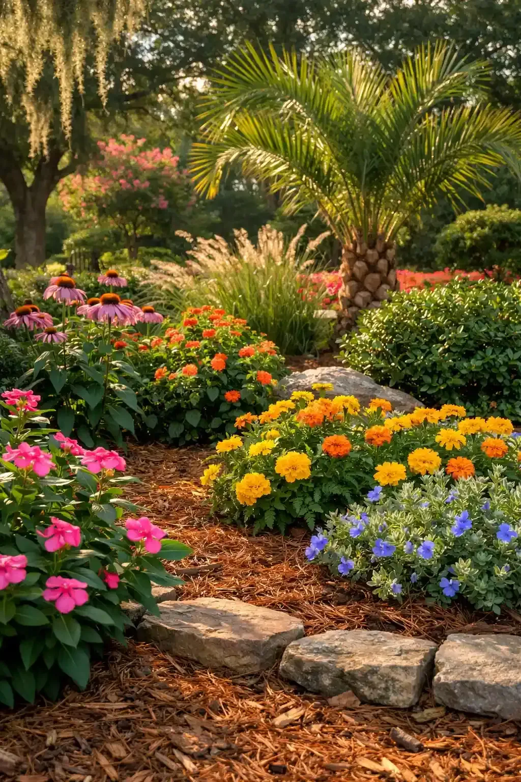Colorful flower bed with pink, orange, yellow, and blue blooms in a sunlit garden
