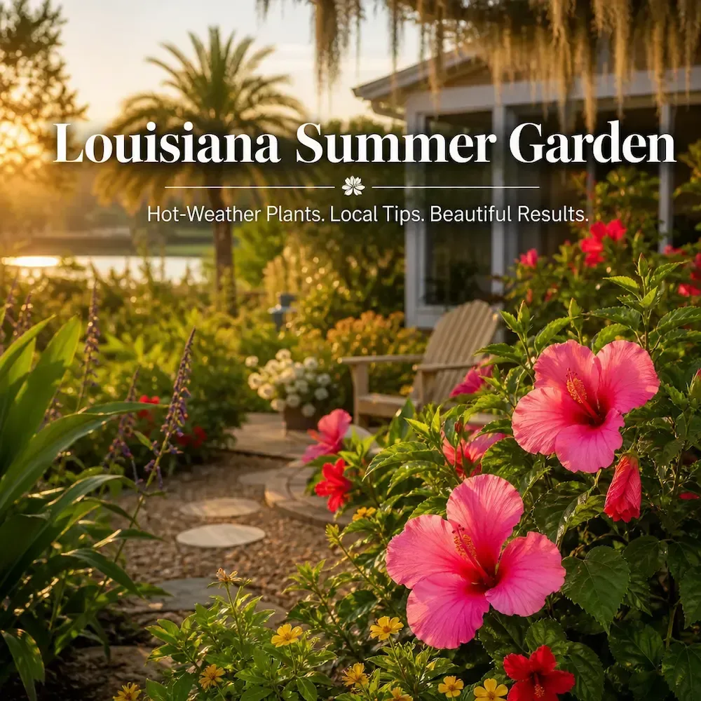 Louisiana summer garden with hibiscus, palms, and bright sunlight reflecting over a peaceful Zone 9 
