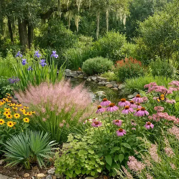 Native Louisiana garden featuring perennials around a small pond.