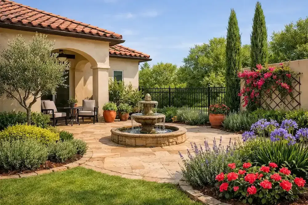 Lafayette, LA Mediterranean-style garden patio with fountain, flowers, potted plants.