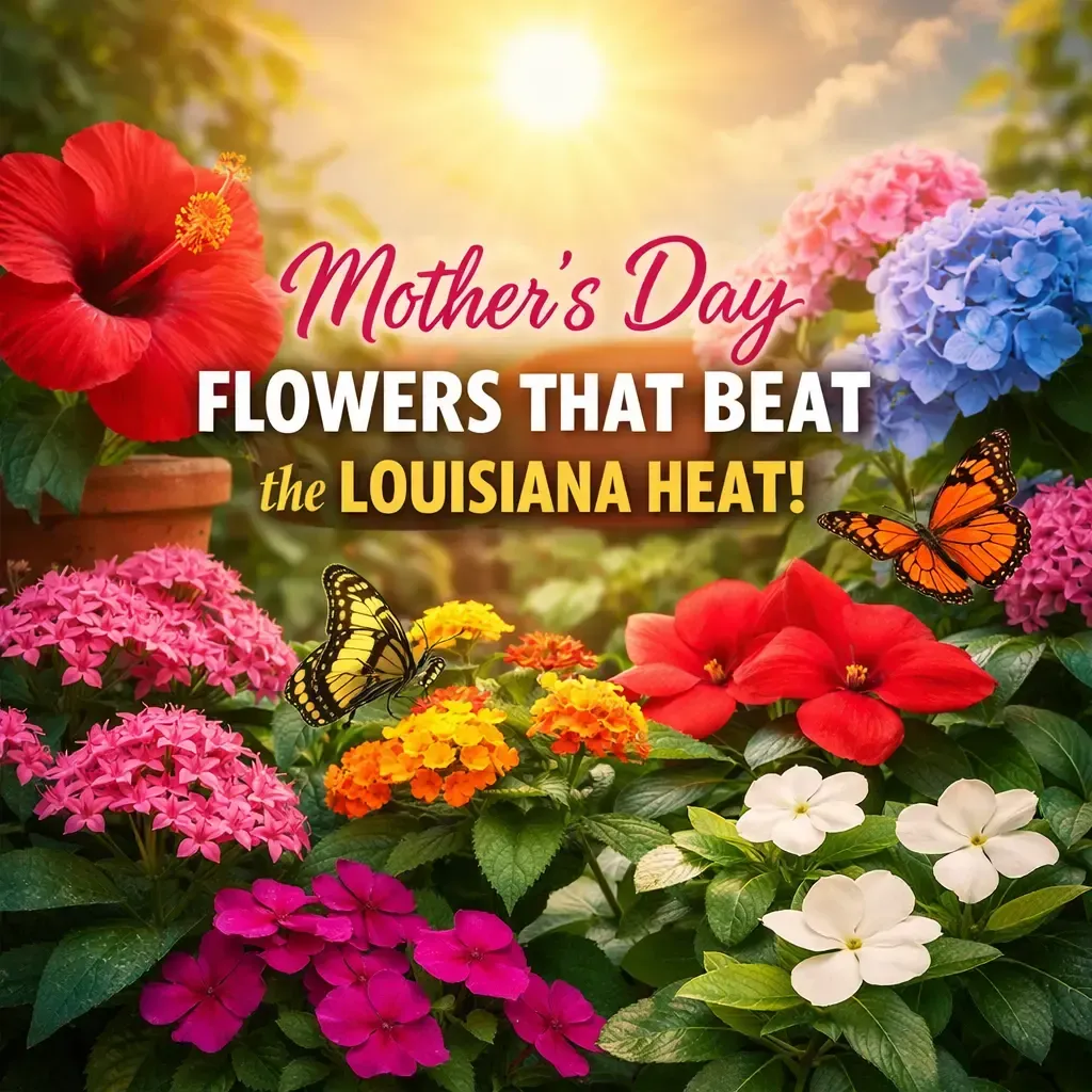 Mother’s Day flower sale with colorful blooms and text: “Flowers that beat the Louisiana heat!”