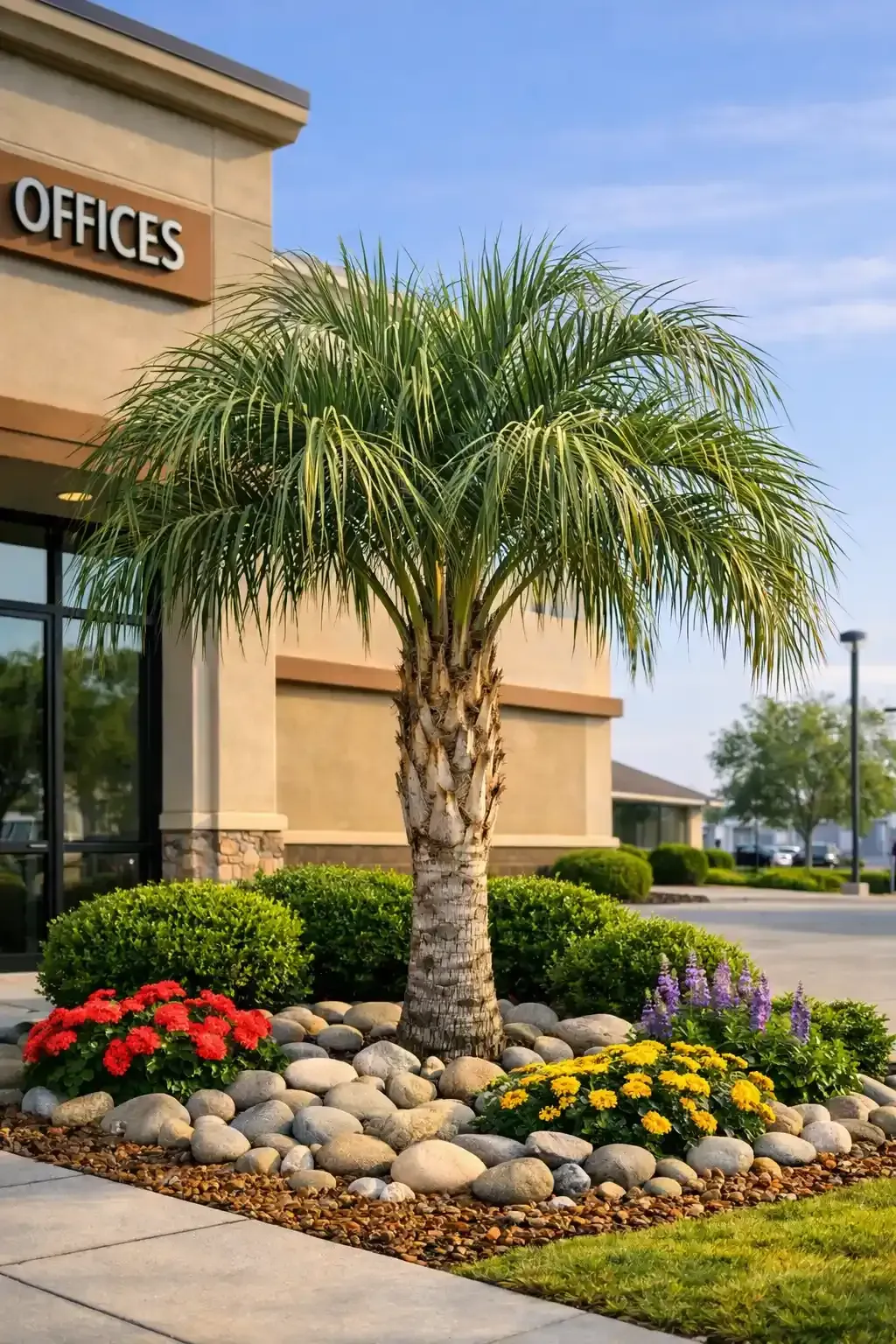 Landscaped office entrance with a palm tree, colorful flowers, and rocks by a tan building
