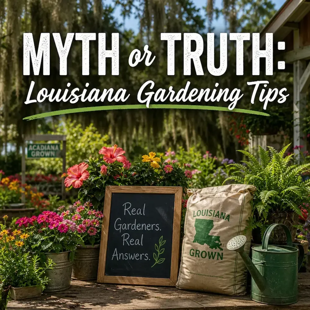 Sunlit Louisiana garden with oak trees, lush greenery, and a natural outdoor setting for a gardening myths and truths blog.
