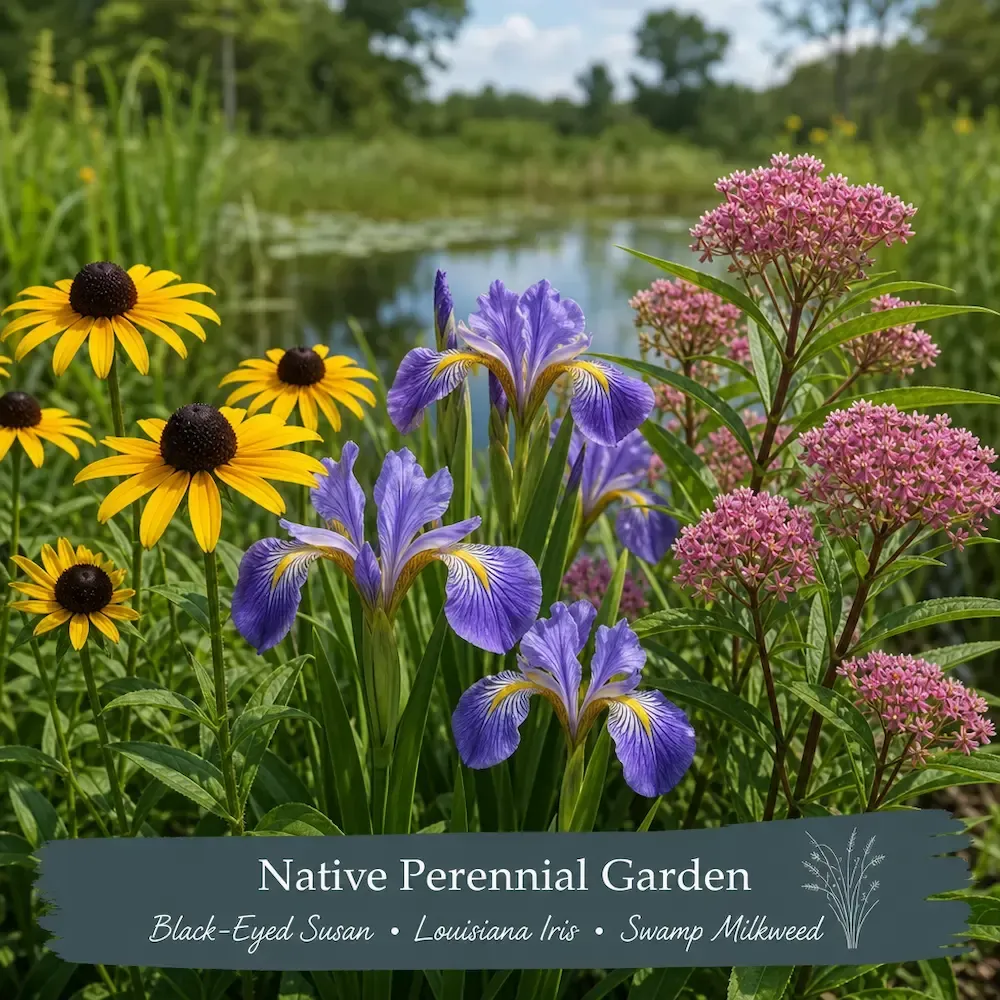 Native perennial garden with yellow black-eyed Susans, purple irises, and pink flowers by a pond