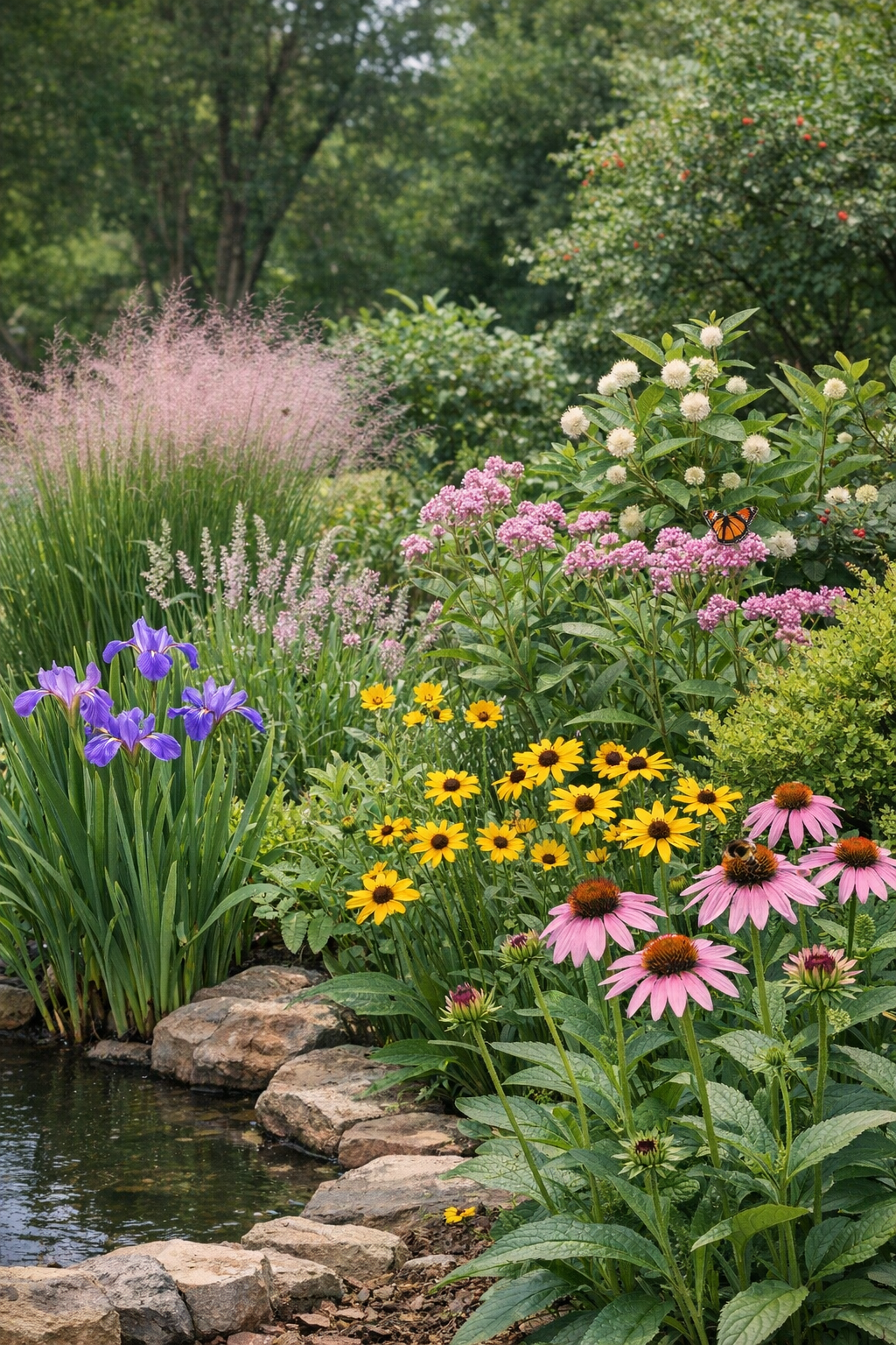 Colorful flower garden with pink coneflowers, yellow daisies, purple blooms, and a stone path by water