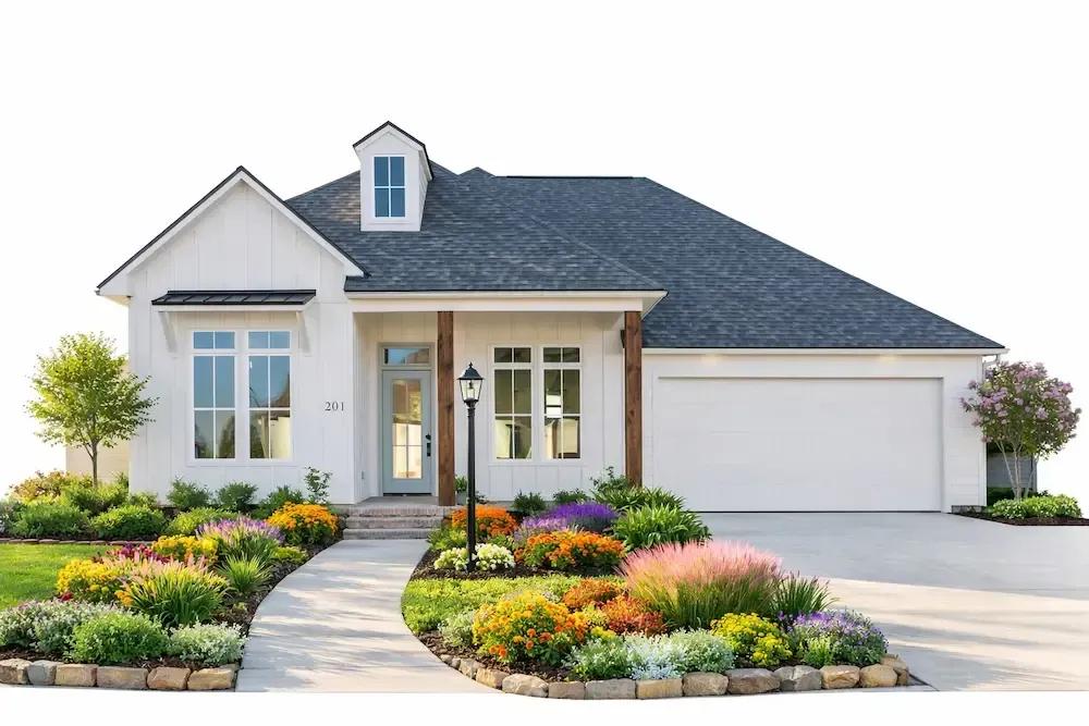 Front yard landscape featuring a Little Gem Magnolia and Crape Myrtle framing a modern Southern cottage in Lafayette, LA.