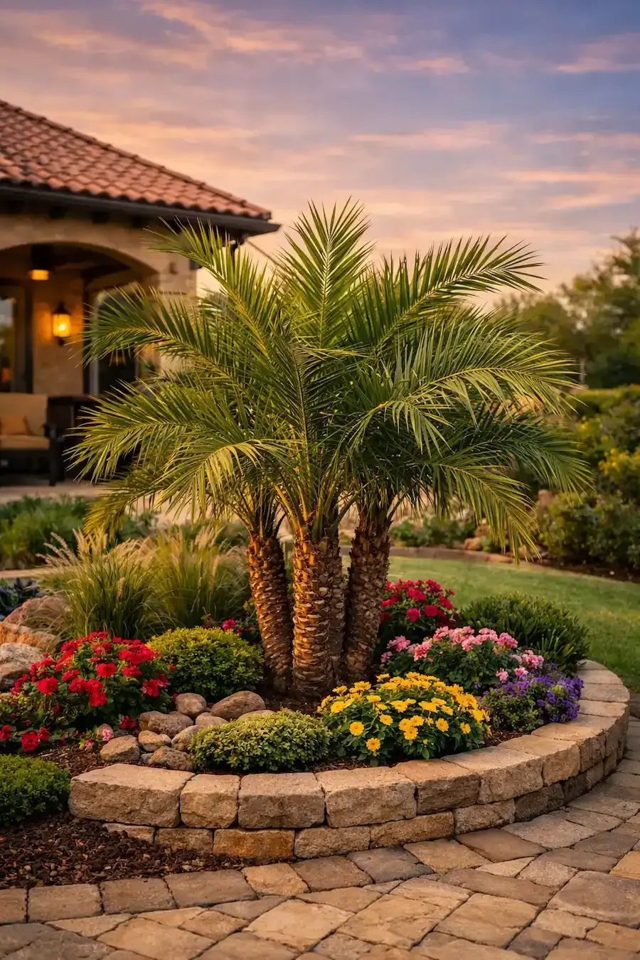 Landscaped garden with a palm tree, colorful flowers, and a stone border beside a stucco house at sunset