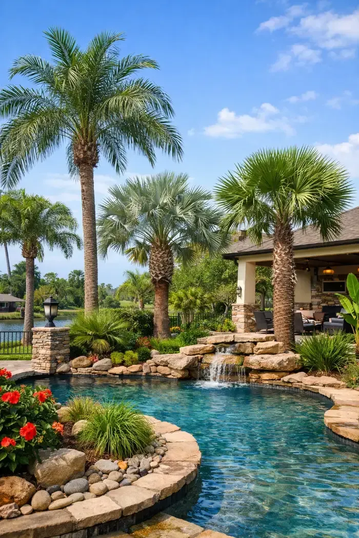 South Louisiana backyard landscape featuring Queen, Pindo, and Windmill palms around a pool with rock waterfall.