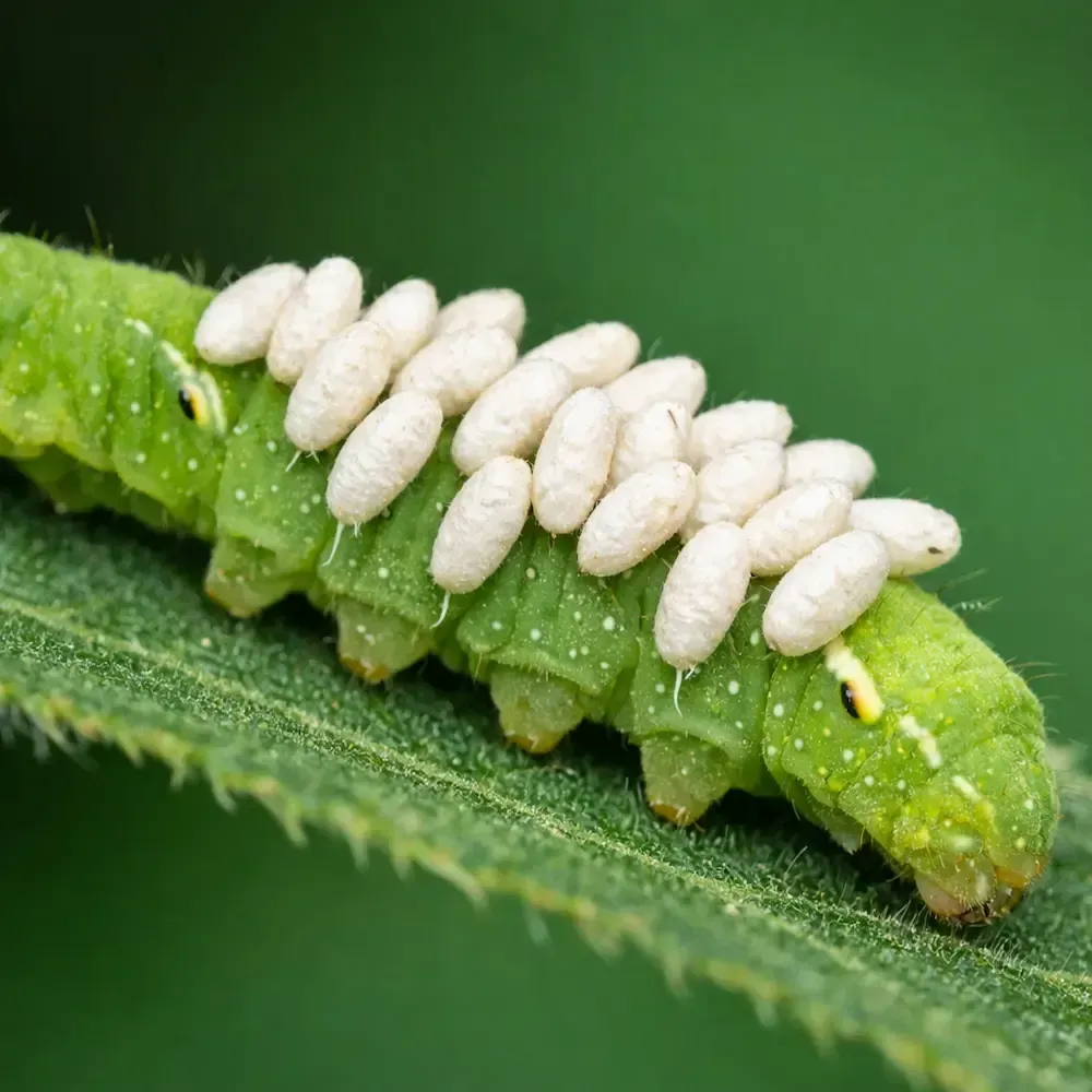 Close‑up of white parasitic wasp cocoons attached to the back of a green caterpillar on a leaf.